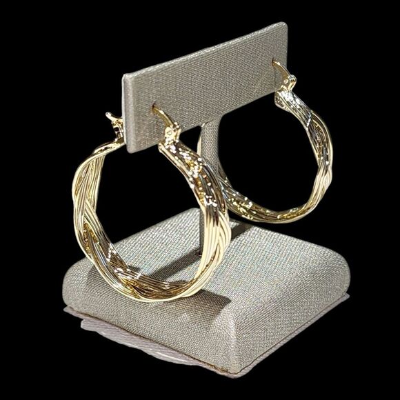 Gold Plated Hoop Earrings Woven Twisted Hoop Earrings 1.2in Diameter - Picture 7 of 12